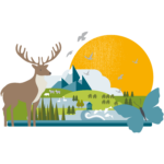 A graphic showing a variety of things including a deer, butterfly, sun, mountain, hills with trees and birds