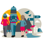 graphic of a women and two children walking with housing graphic, signpost, mountain and birds