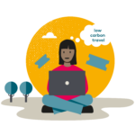 A graphic of a lady sat down with legs crossed with a laptop on her lap. A sun graphic and small trees behind her. A speech bubble says low carbon travel