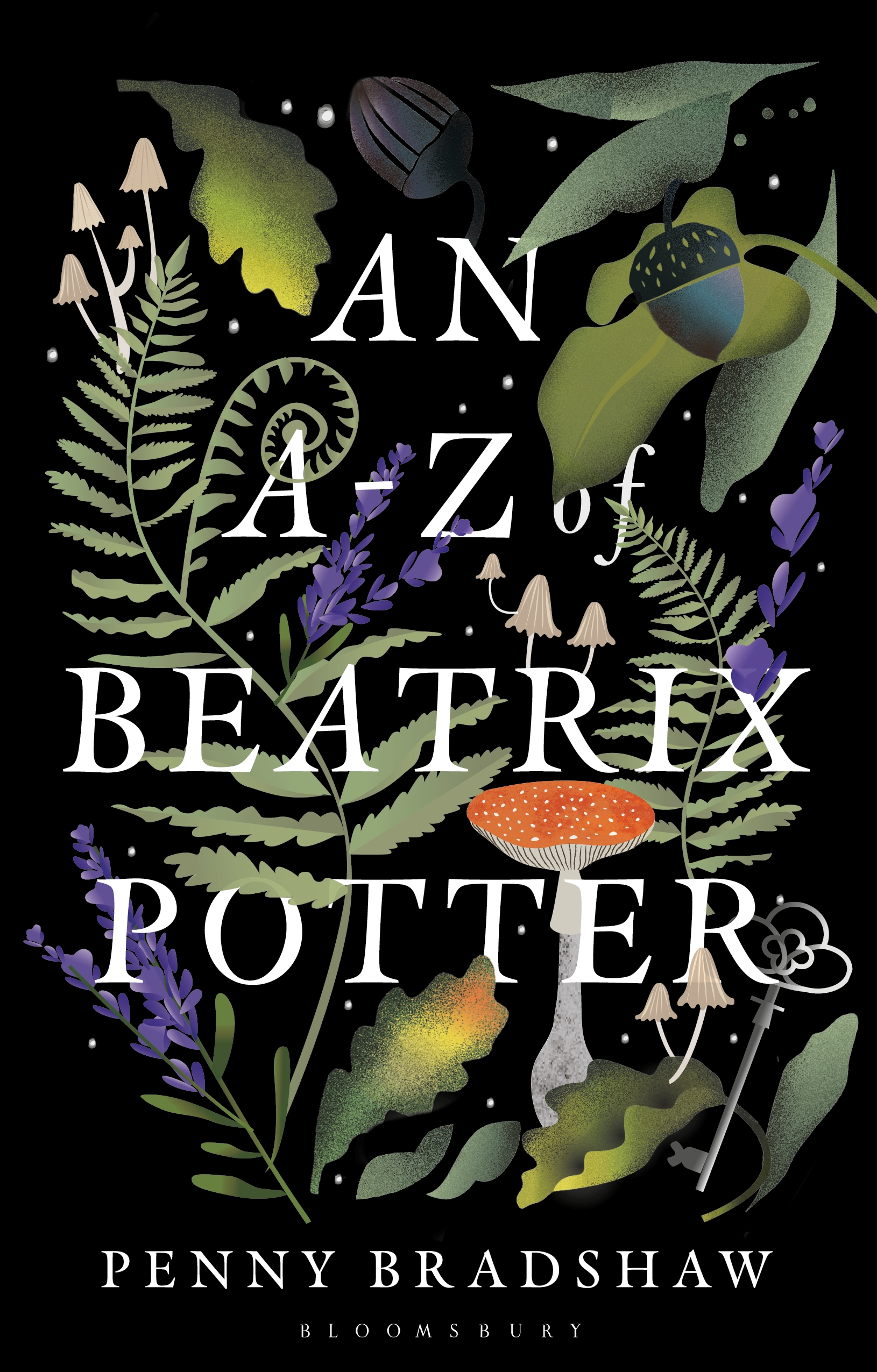 Black book cover with white title text of 'An A-Z of Beatrix Potter' by Penny Bradshaw, with artwork of woodland plants, mushrooms and flowers