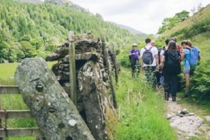 people walking past drystone wall on guided walk