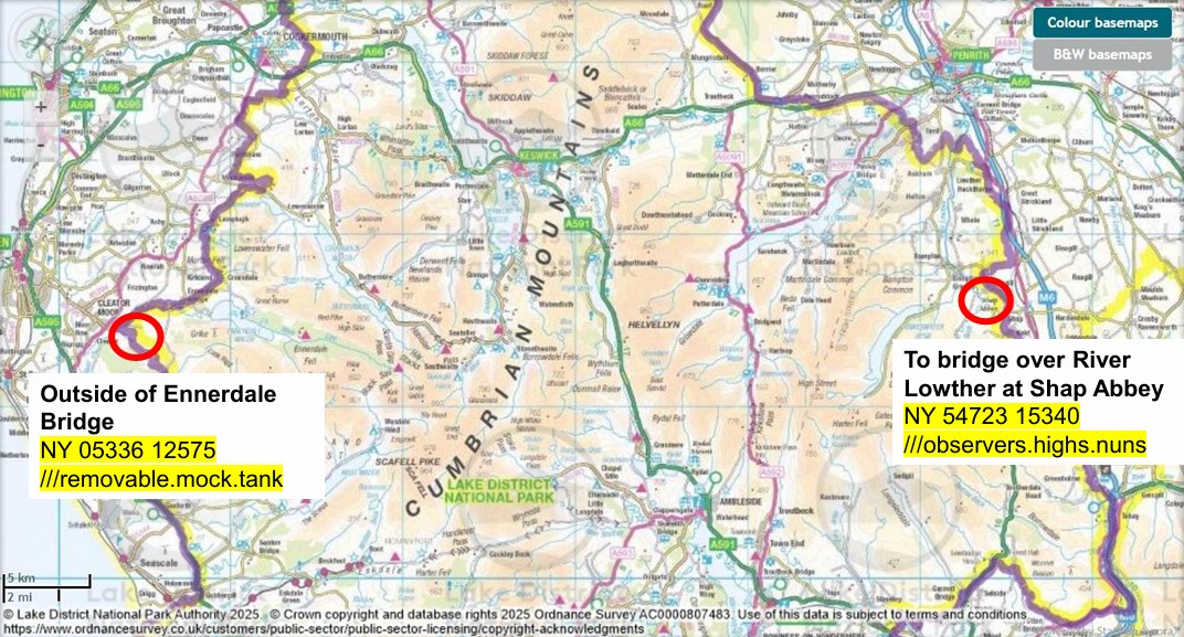 Map showing the start and end of the Coast to Coast route in Cumbria