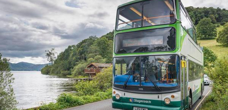 Stagecoach open top bus on teh shores of Ullswater in the background