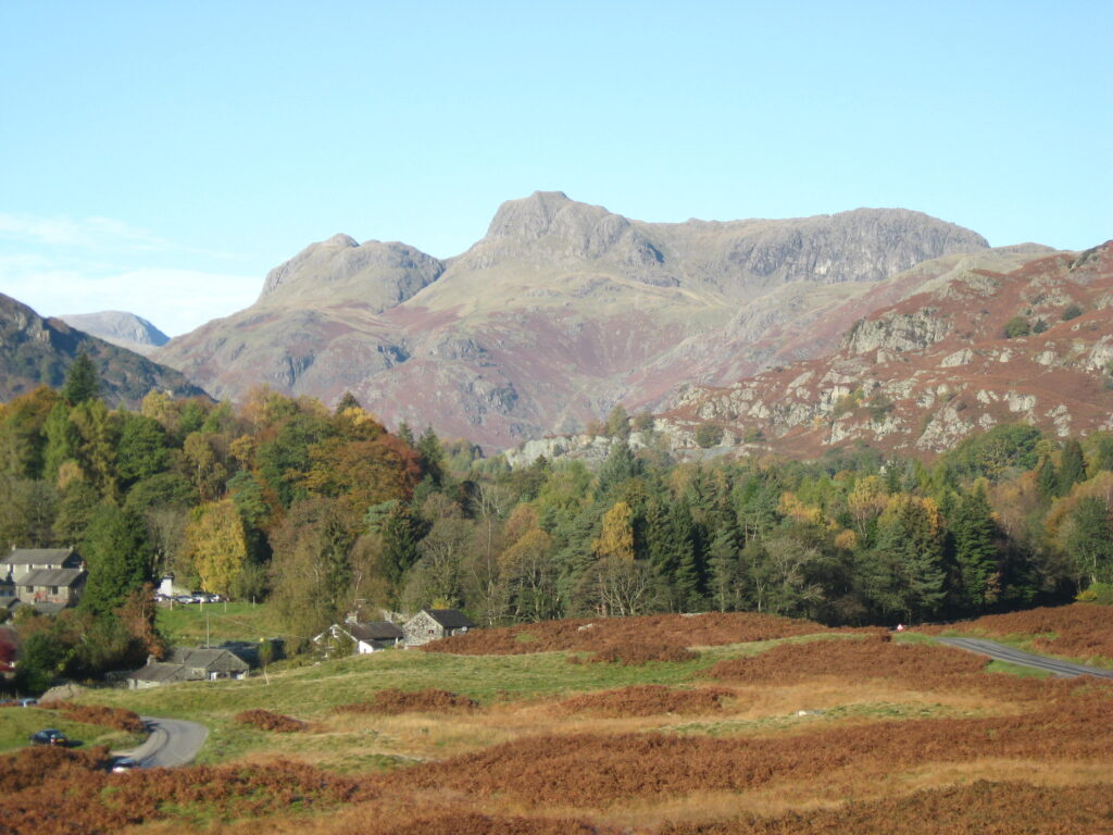 landscape view of elterwater common, a brown rugged landscape with woodland and fells