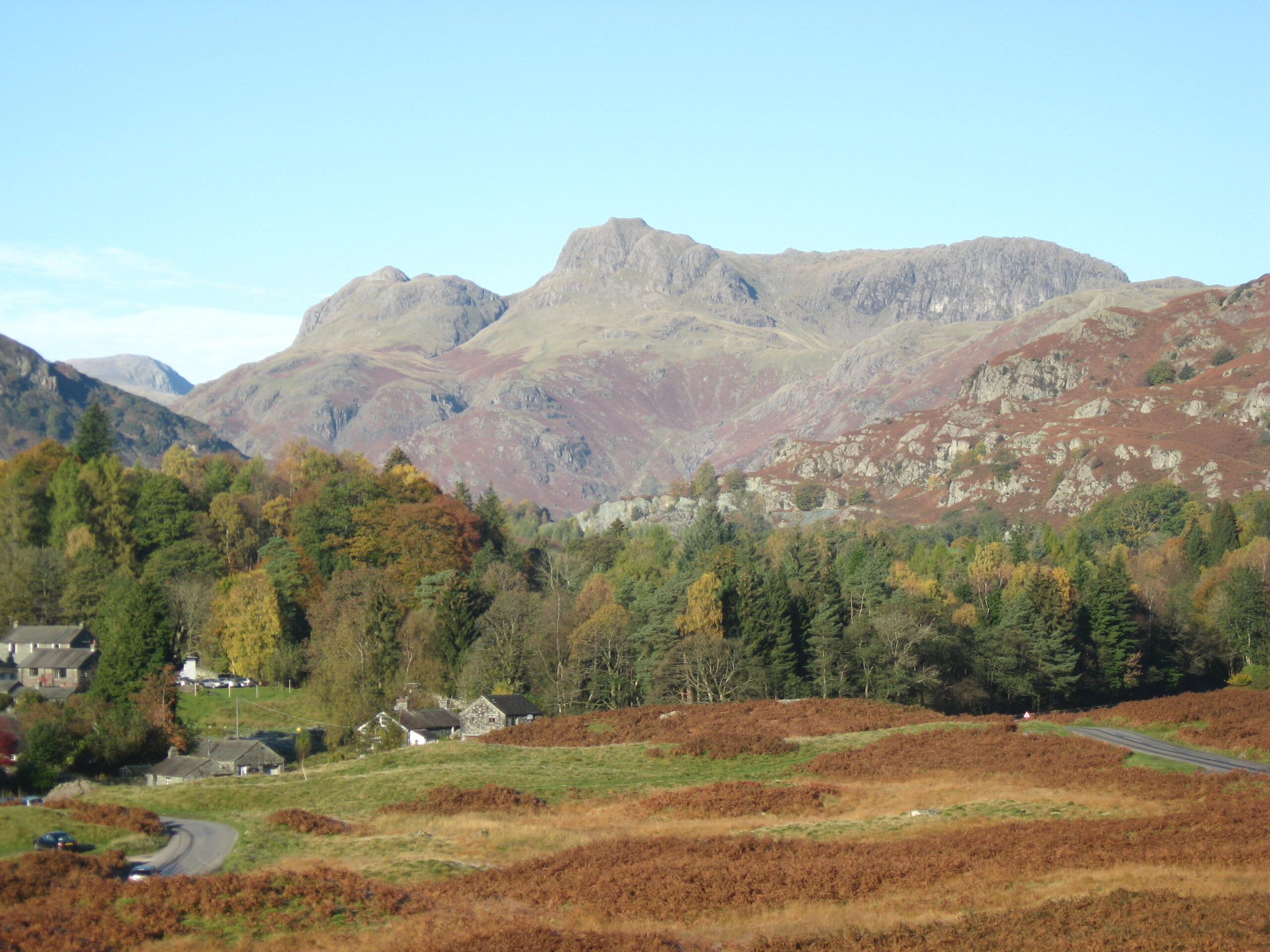 landscape view of elterwater common, a brown rugged landscape with woodland and fells