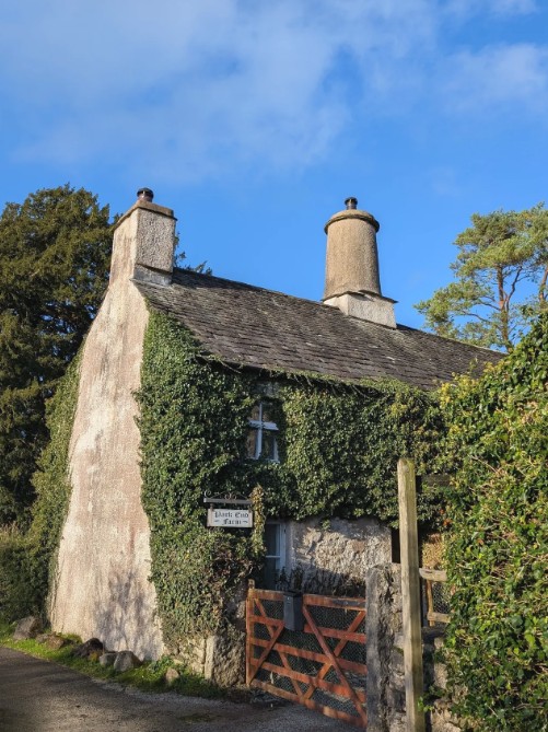 Stone farmhouse with thick greenery on wall and red gate. Sign peaks out of the greenery reading 'Park End Farm'
