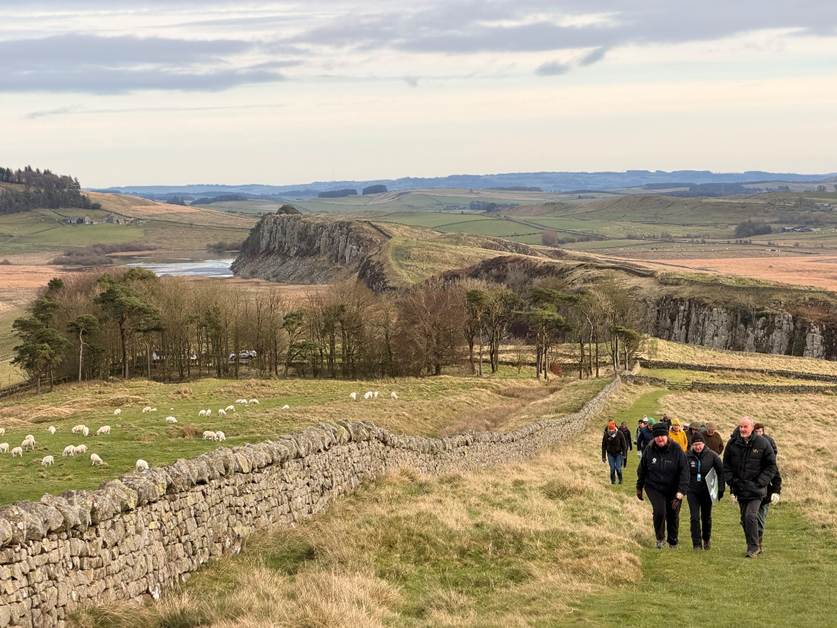 People walking alongside roman wall with sheep on other side