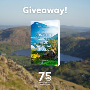 The complete guide to the UK National Parks book by Mike Appleton imposed over a lake district landscape with text reading Giveaway! and our new 75th logo.