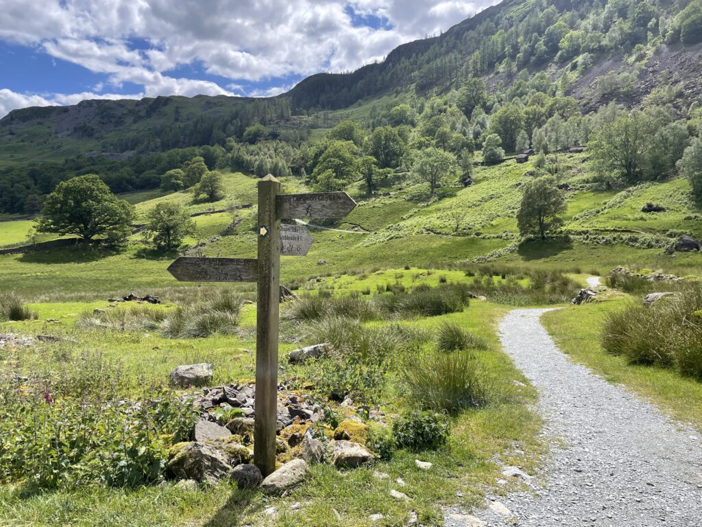 wooden path signpost next to a stone path winding through green lake district fields, woodland and hills
