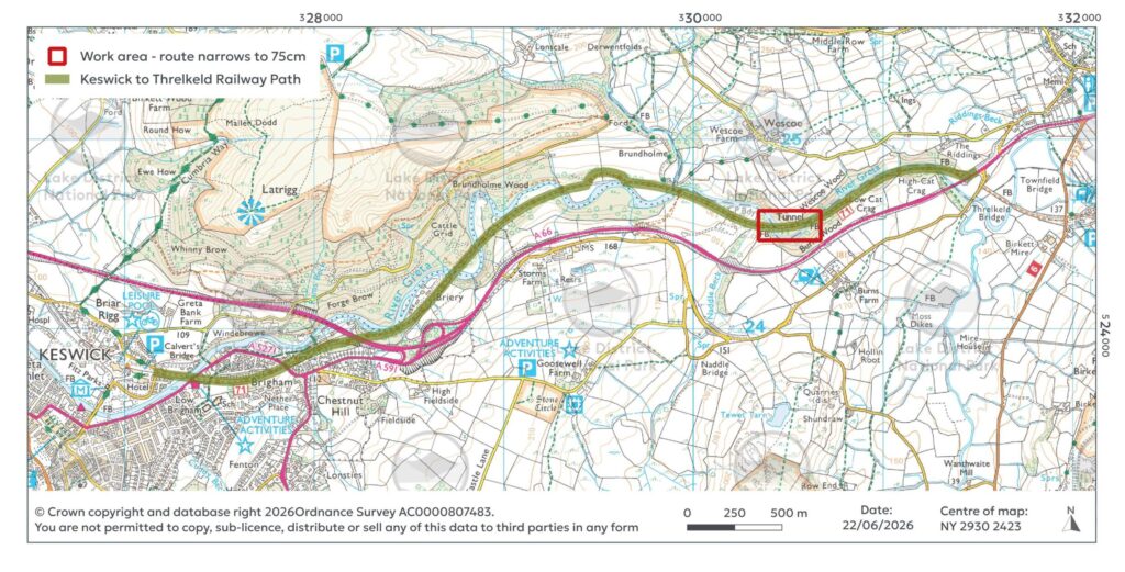 ordnance survey map of the keswick to threlkeld railway path route, with the bridge work area location marked