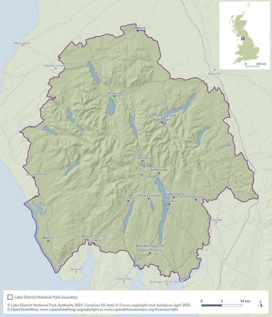 simple graphic map of cumbria to show the boundary of the lake district national park boundary