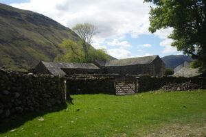 farmhouse behind a drystone wall with a steep fell in the background and trees
