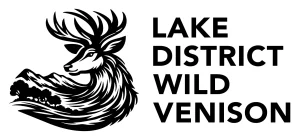 Black sketch of a deer merging into the landscape of trees with Lake District Wild Venison text.