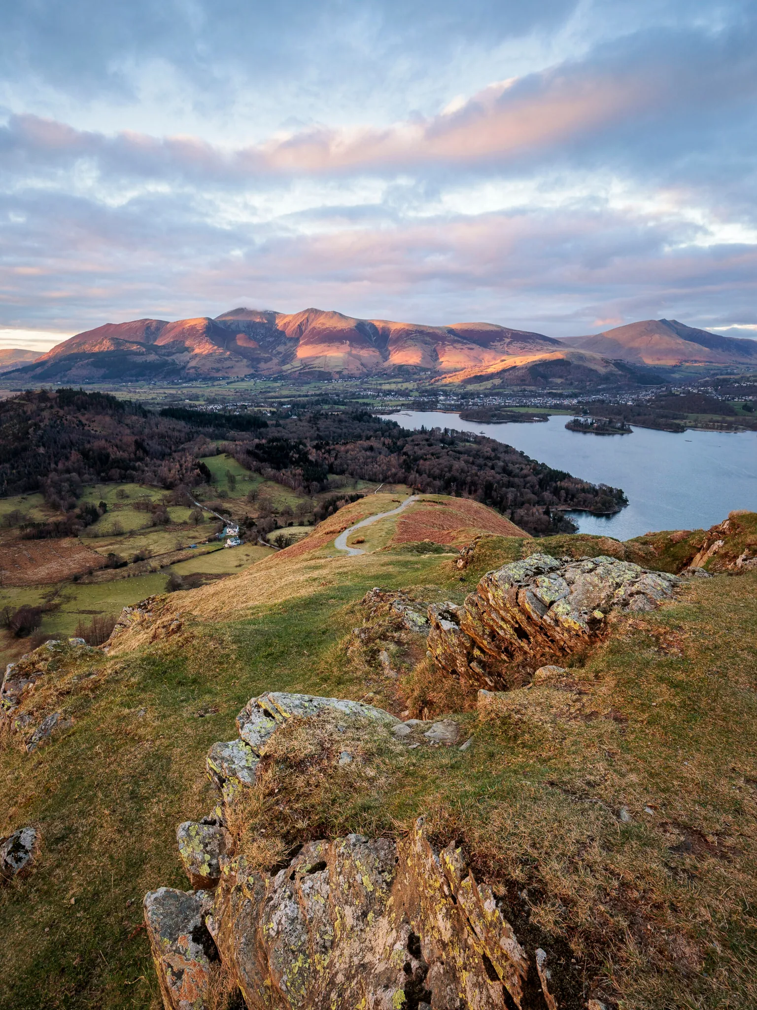 landscape view of the Northern fells from Catbells at early sunset